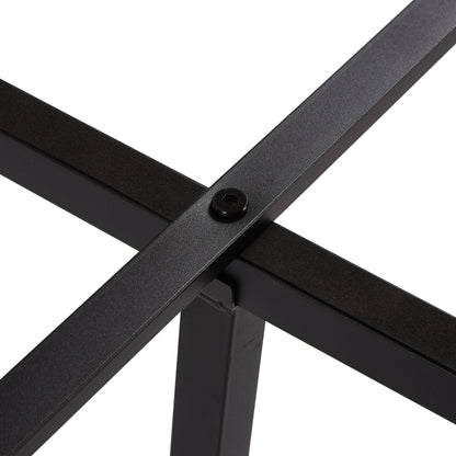 Close-up view of black metal platform bed frame crossbars and corner joints on Tampa Home & Garden Store