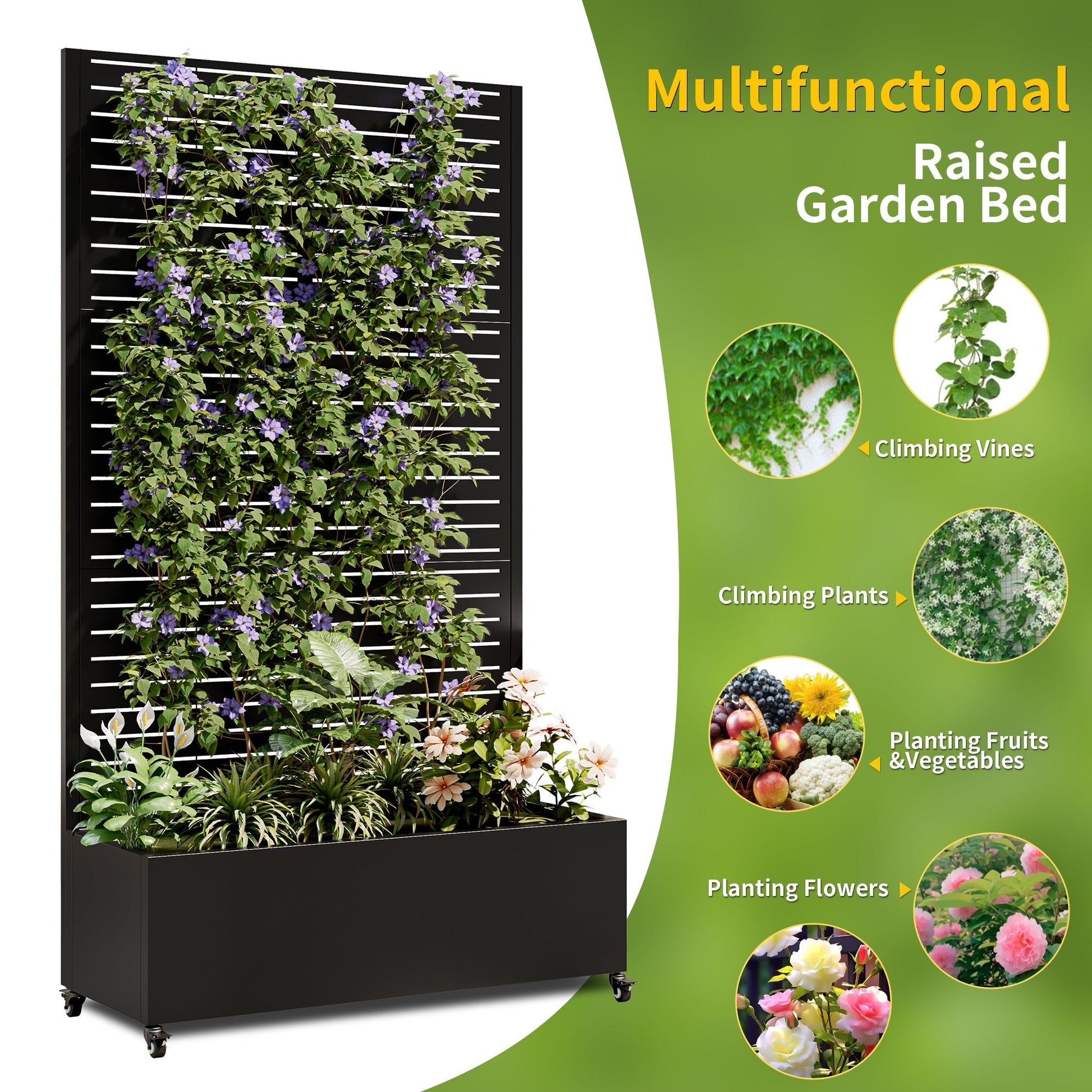 Metal planter box with trellis raised bed in black by HouseOfZazla; climbing vines on trellis on Tampa Home & Garden Store