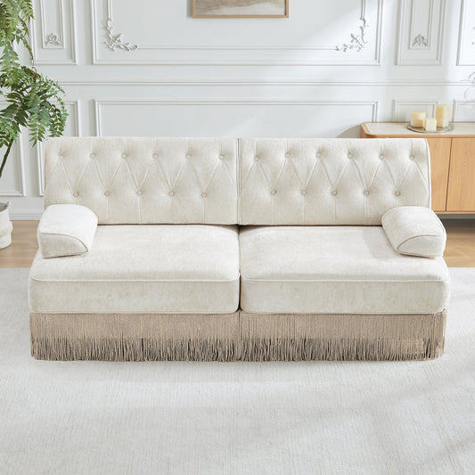 Soft Velvet Chesterfield Style Loveseat in cream with tufted back and fringe by HouseOfZazla on Tampa Home & Garden Store