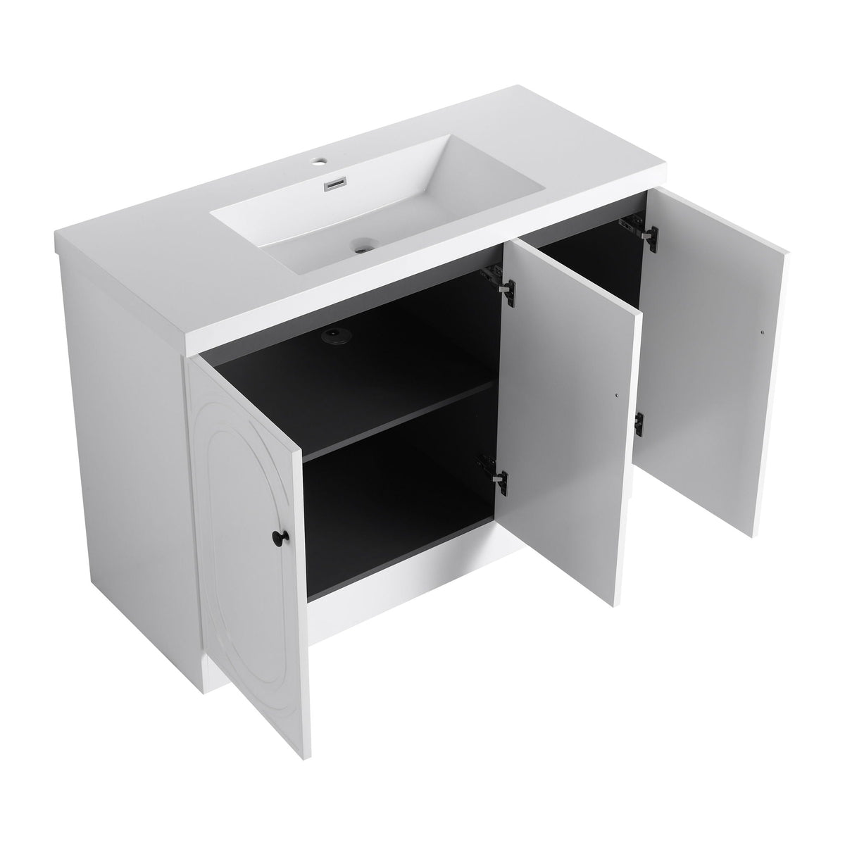 Freestanding bath vanity with white finish, resin sink, two doors open on Tampa Home & Garden Store