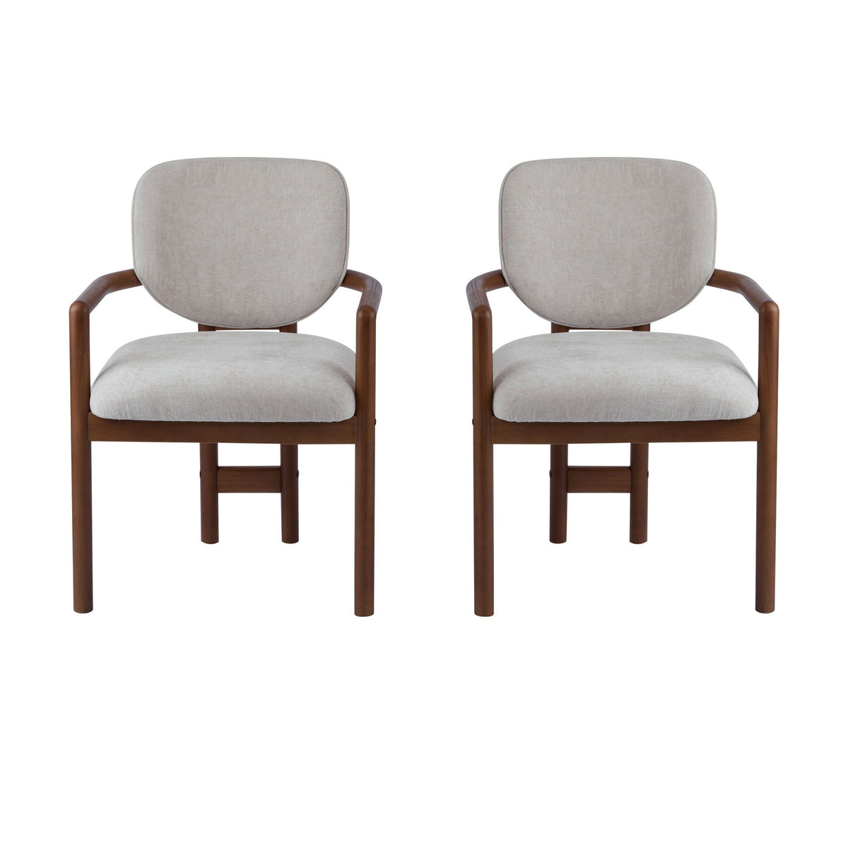 Upholstered arm dining chairs set of 2 in light gray linen fabric with warm wood legs on Tampa Home & Garden Store