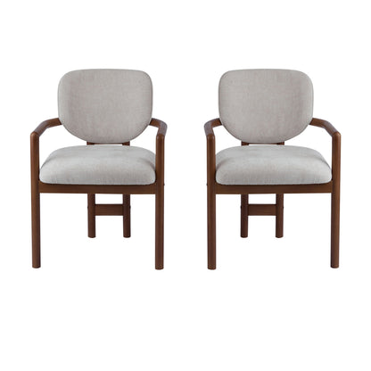 Upholstered arm dining chairs set of 2 in light gray linen fabric with warm wood legs on Tampa Home & Garden Store