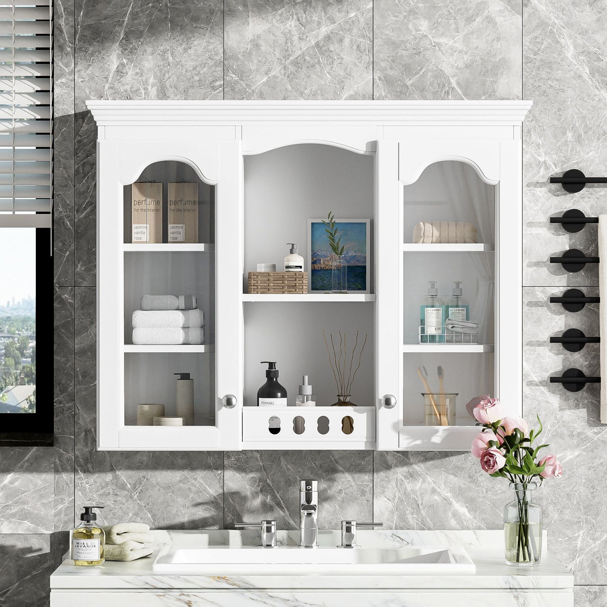 Wall-mounted medicine cabinet with 2 glass doors and adjustable shelves in white by HouseOfZazla on Tampa Home & Garden Store