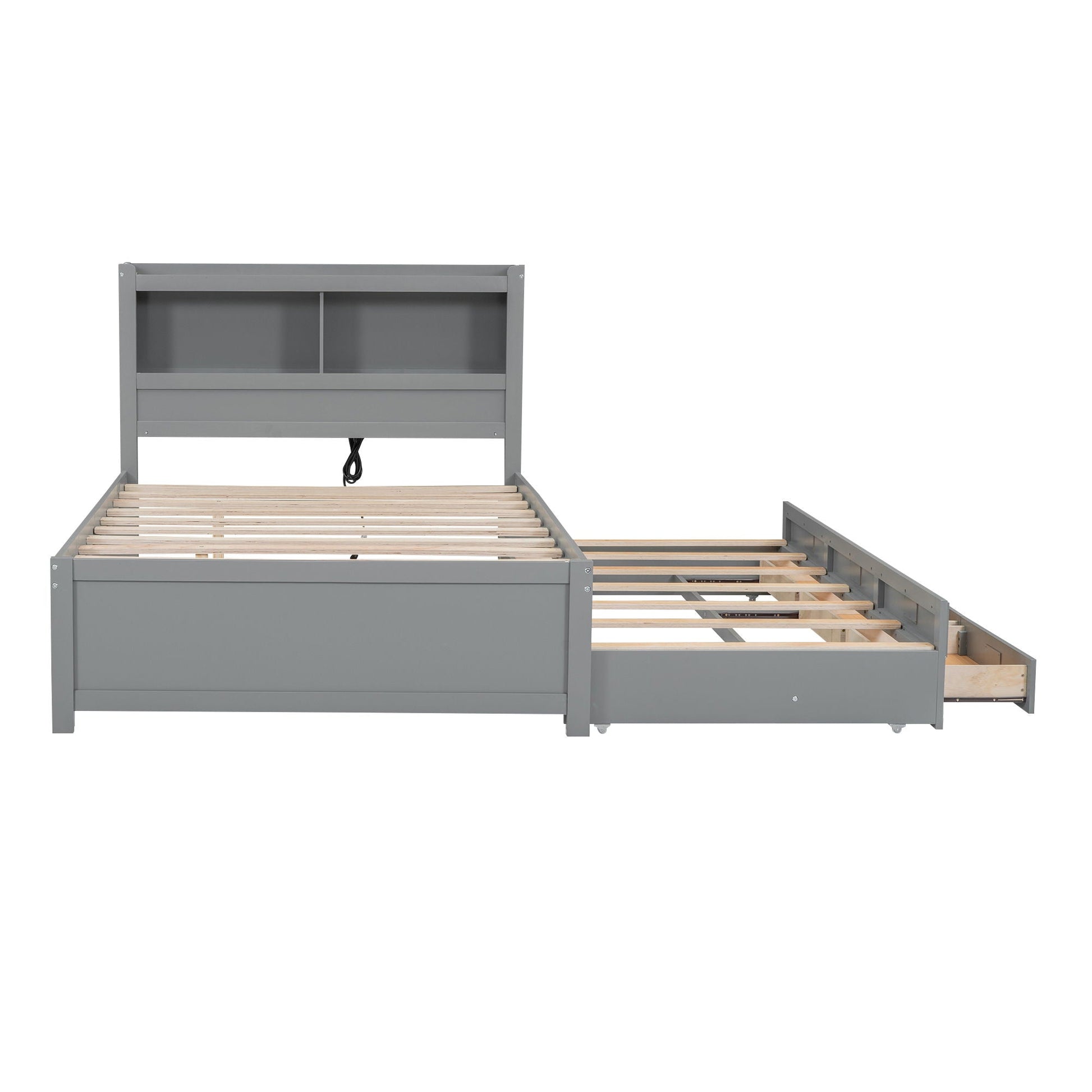 Full-size gray platform bed by HouseOfZazla with trundle, drawers and shelves USB ports on Tampa Home & Garden Store