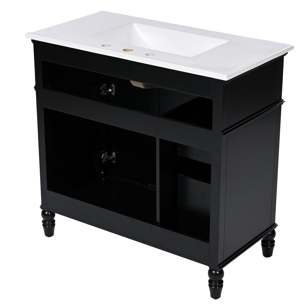 Bathroom vanity with sink and drawers, black freestanding solid wood cabinet, white countertop on Tampa Home & Garden Store