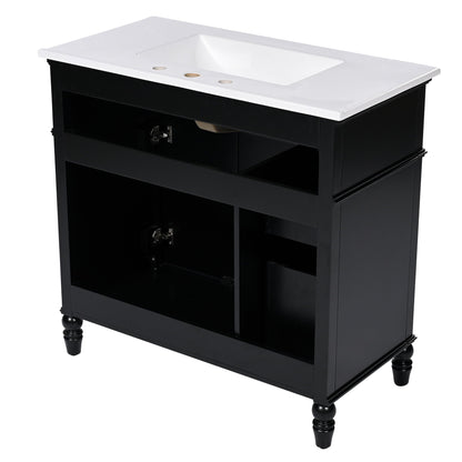 Bathroom vanity with sink and drawers, black freestanding solid wood cabinet, white countertop on Tampa Home & Garden Store