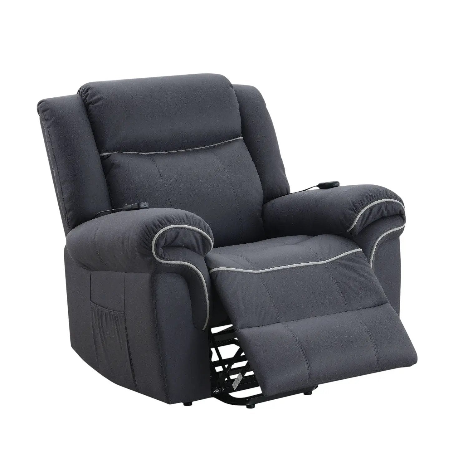 Domana dark blue polished microfiber massage recliner with lift and footrest on Tampa Home & Garden Store