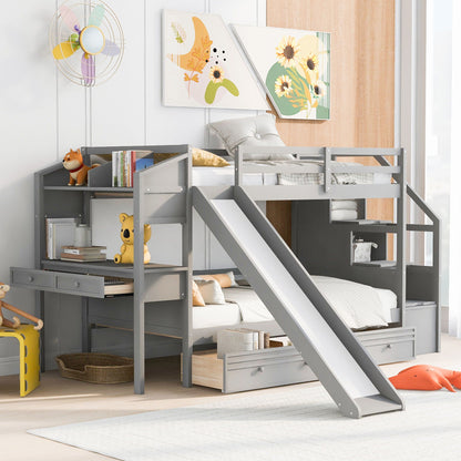Bunk Bed With Storage Staircase, Slide, Desk, Drawers, And Shelves in a gray metal frame on Tampa Home & Garden Store