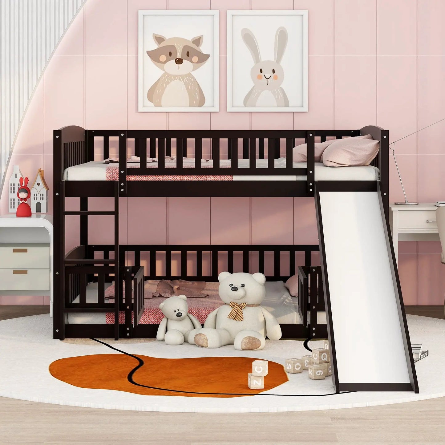 Low Bunk Bed With Slide Fence and Ladder