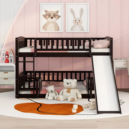 Low Bunk Bed With Slide Fence and Ladder