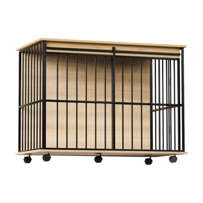 Large dog crate furniture by HouseOfZazla on wheels with black metal bars and wood panels on Tampa Home & Garden Store