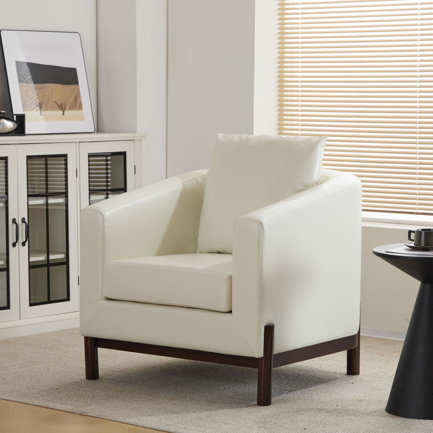 Anurudh Barrel Club Upholstered Chair in white faux leather with dark wood legs on Tampa Home & Garden Store