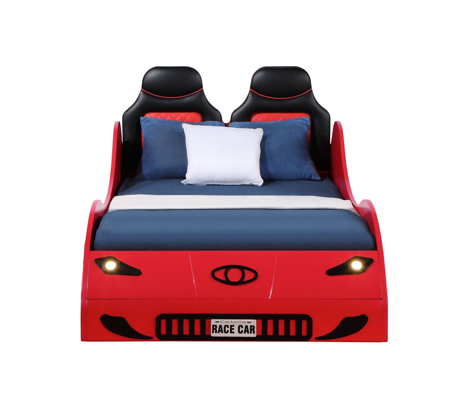 Colen Twin Car Bed With LED by HouseOfZazla, red car frame with black seats and blue pillows on Tampa Home & Garden Store