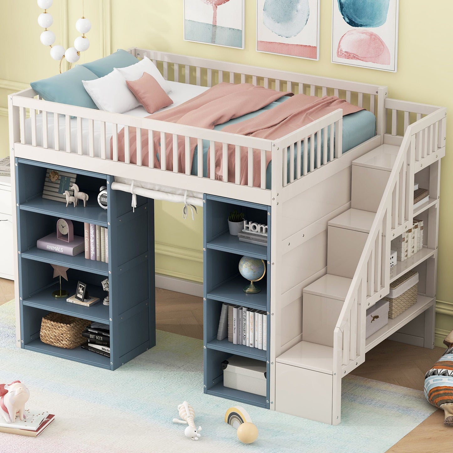 Full-size loft bed with built-in staircase and privacy curtain, storage cabinets underneath on Tampa Home & Garden Store