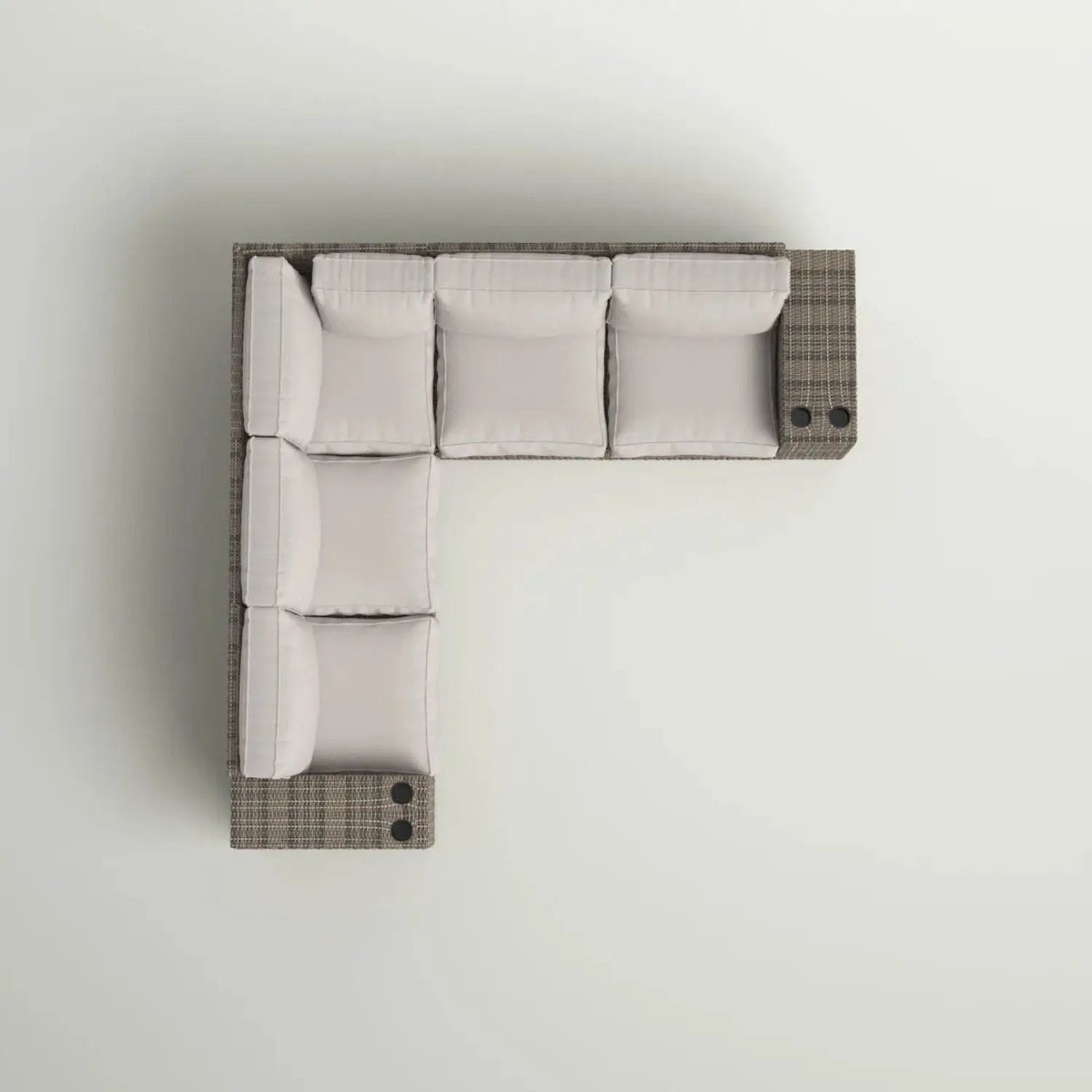 Wide outdoor wicker patio sectional with gray cushions, L-shaped, reversible design on Tampa Home & Garden Store