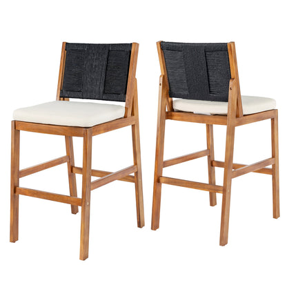 Outdoor Acacia Wood Bar Stools set of 2 with black woven backs and white cushions on Tampa Home & Garden Store