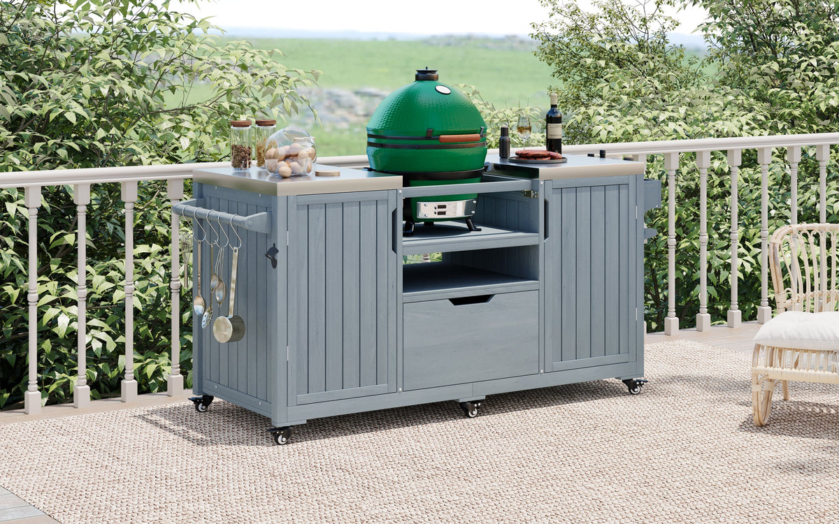 K&K 66.5in outdoor kitchen island with bluegray cabinets and stainless top for Big Green Egg on Tampa Home & Garden Store