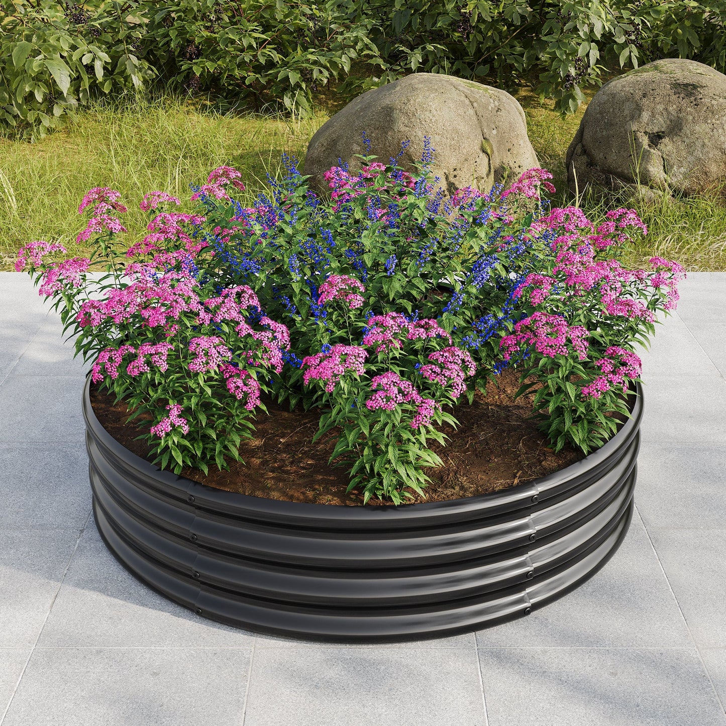 2-pack round raised garden beds, 47.24in diameter, black steel rings with pink and blue flowers on Tampa Home & Garden Store