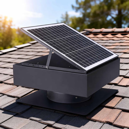 12-inch solar roof vent fan with tilted panel mounted on an attic vent atop a shingled roof on Tampa Home & Garden Store