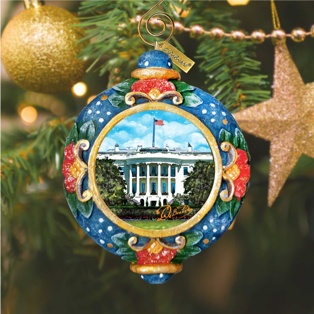 White House sculpted Christmas ornament by G.DeBrekht, blue ornament with gold trim on Tampa Home & Garden Store
