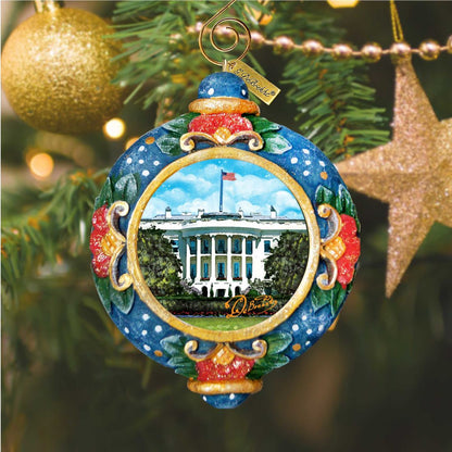 White House sculpted Christmas ornament by G.DeBrekht, blue ornament with gold trim on Tampa Home & Garden Store