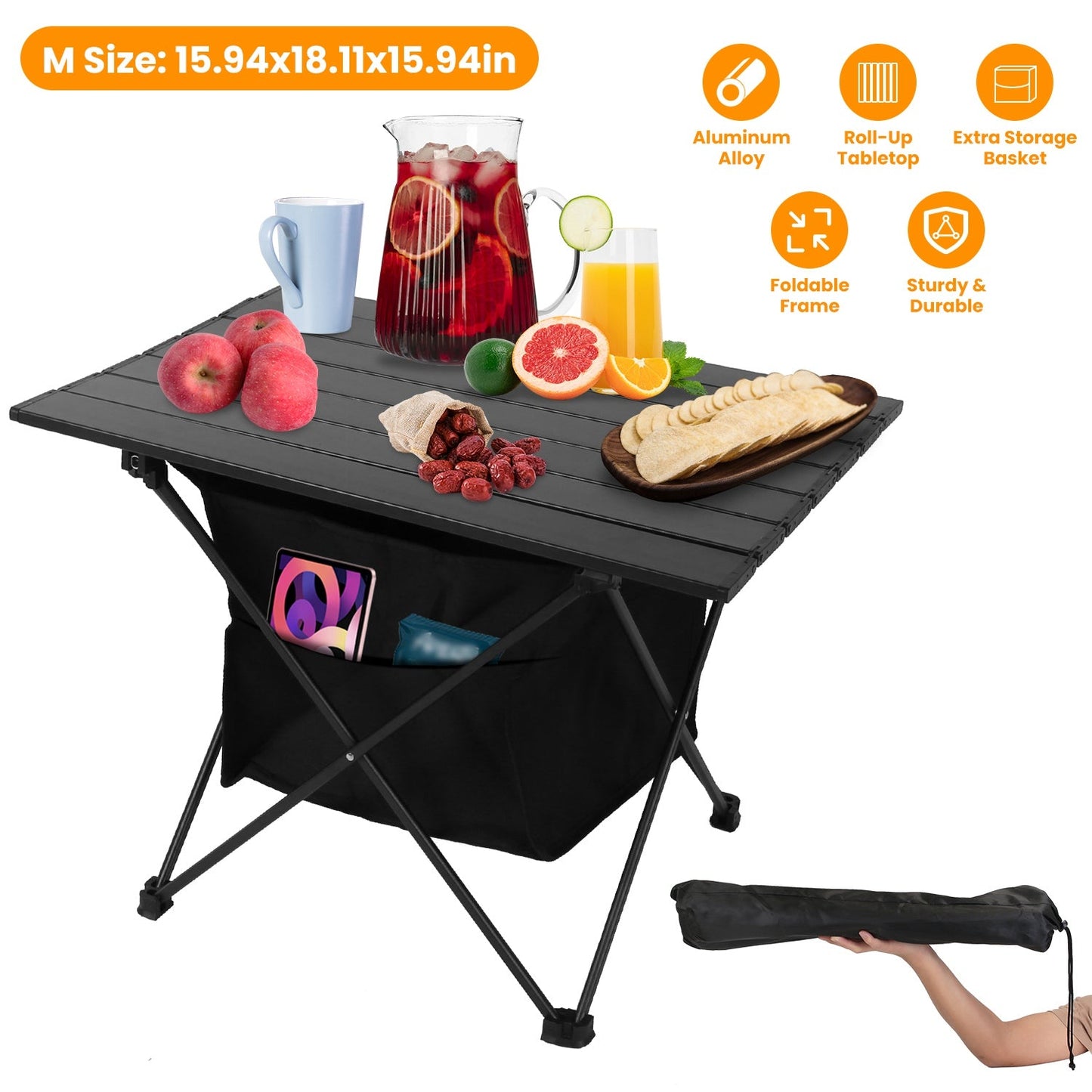 GemGear foldable camping table with aluminum alloy roll-up top, storage basket and carrying bag on Tampa Home & Garden Store