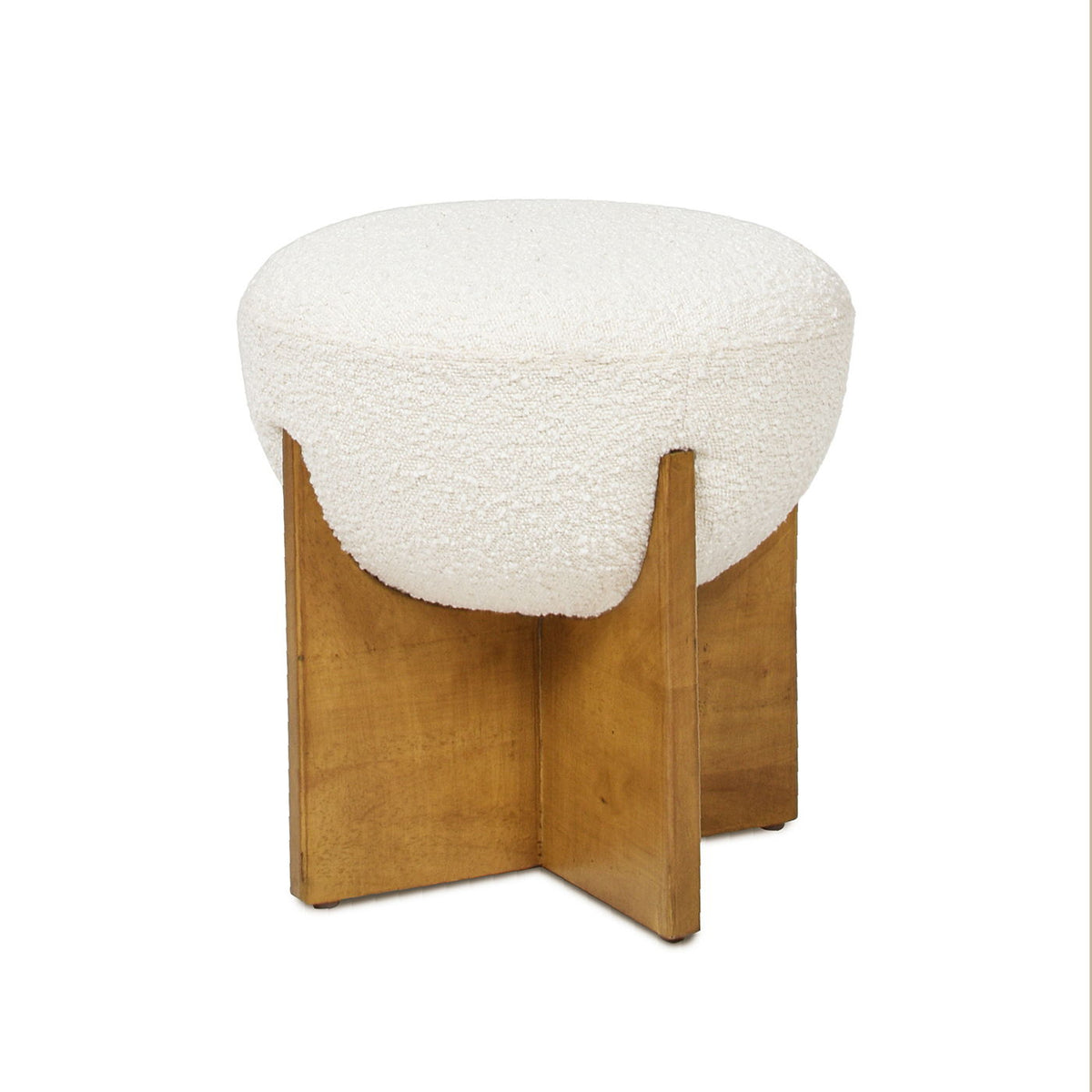 Round white boucle upholstered ottoman with solid wood block legs, storage stool by HouseOfZazla on Tampa Home & Garden Store