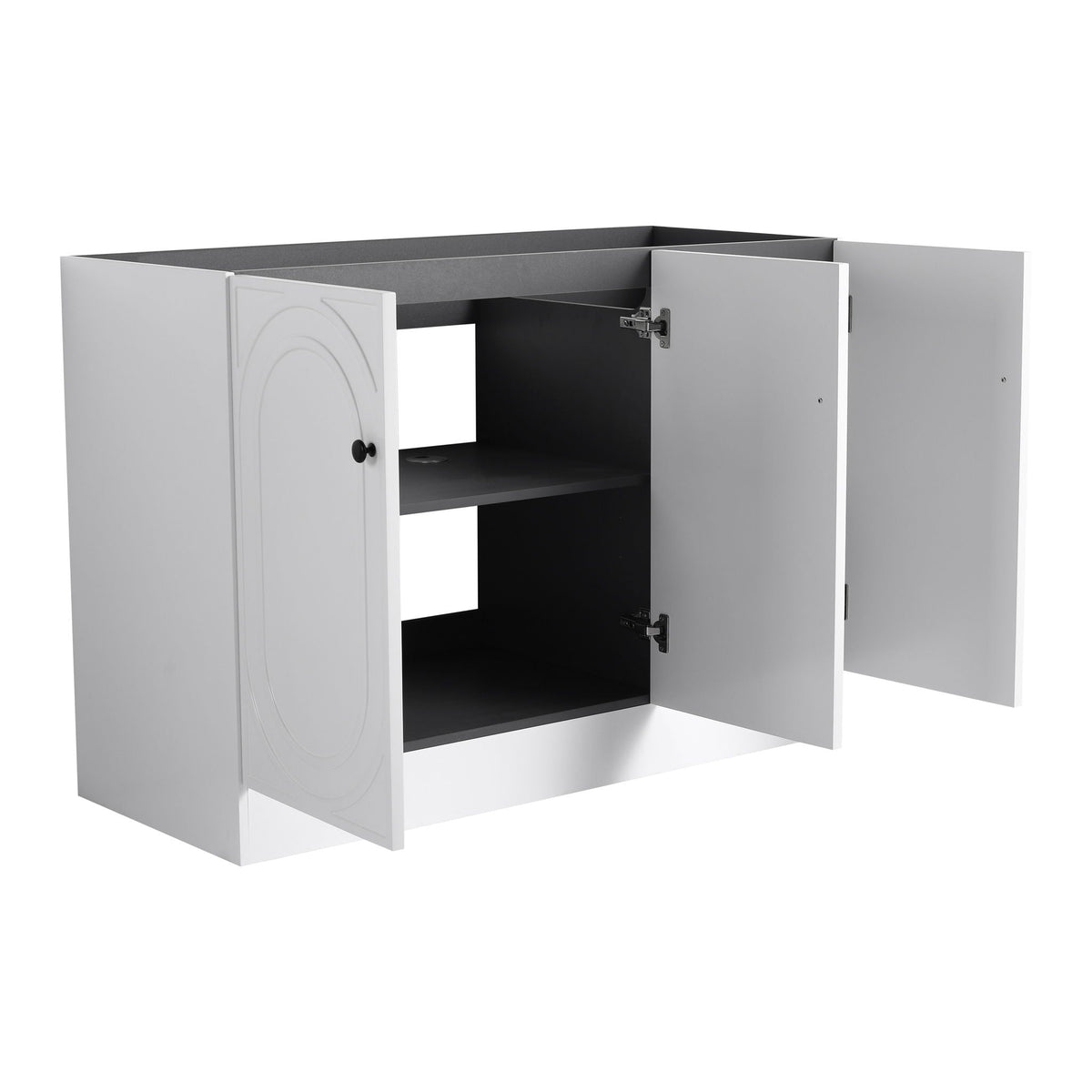 Freestanding bathroom vanity with soft close, white cabinet doors open to dark interior on Tampa Home & Garden Store