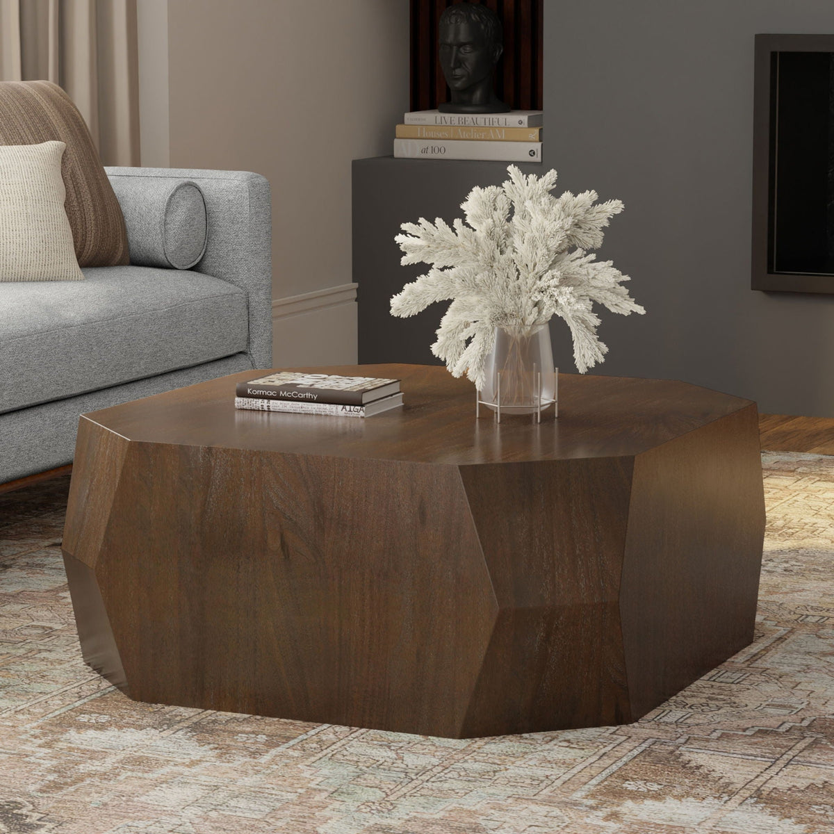 Walnut geometric coffee table with acacia veneer, 39-inch square, HouseOfZazla on Tampa Home & Garden Store