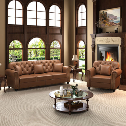 Upholstered Sofa with Nailhead and Ottoman