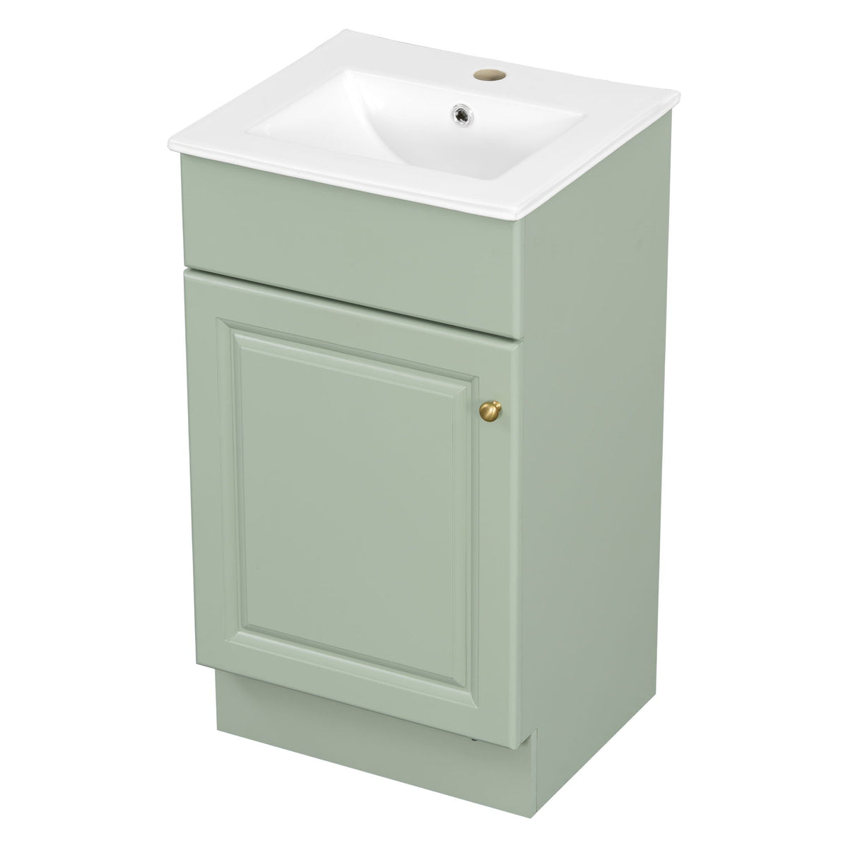 HouseOfZazla bathroom vanity with sink in sage green, white counter, adjustable shelf, brass knob on Tampa Home & Garden Store