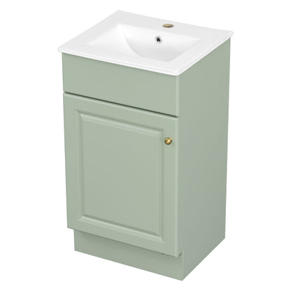 HouseOfZazla bathroom vanity with sink in sage green, white counter, adjustable shelf, brass knob on Tampa Home & Garden Store