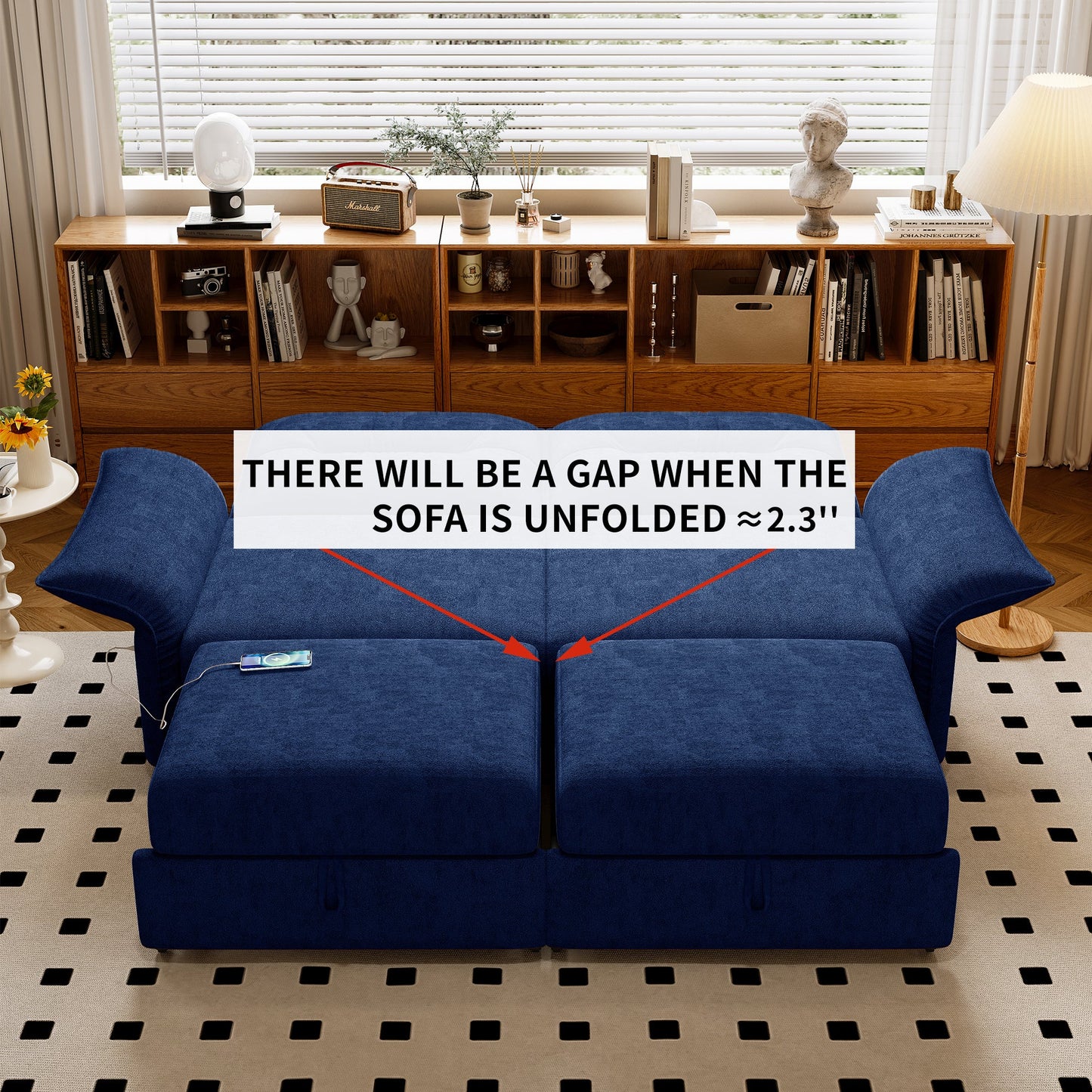 HouseOfZazla 85-Inch Convertible Sofa Bed in blue fabric on Tampa Home & Garden Store