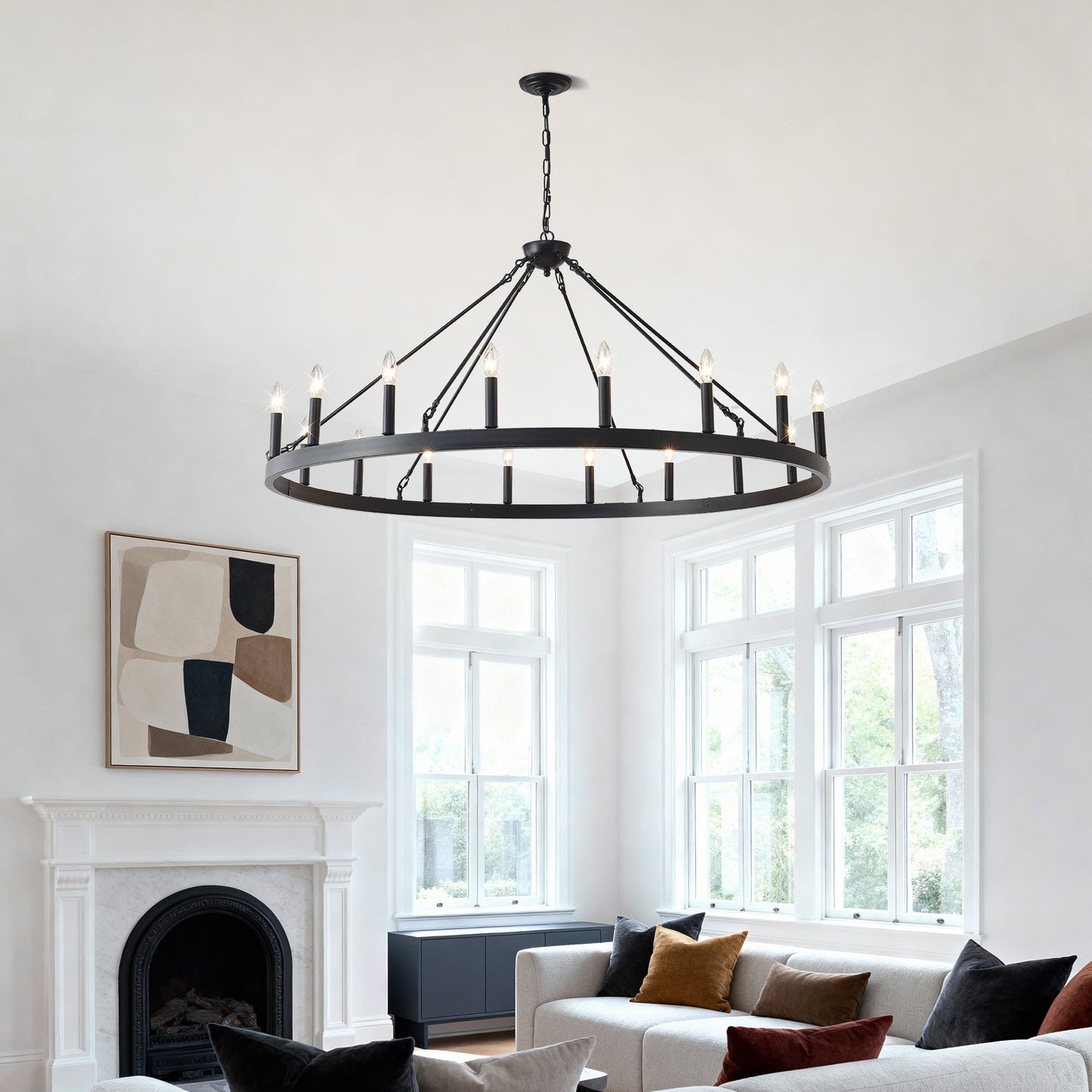 53.15 inch Matte Black Wagon Wheel Chandelier with 18-light candle hanging from chains on Tampa Home & Garden Store