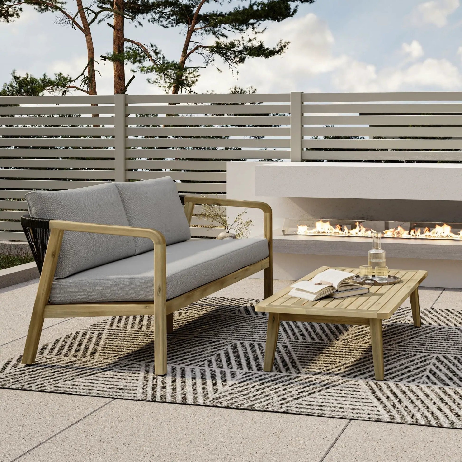 Palmetto outdoor sofa gray cushions with wood frame by Unique Piece Furniture on patio on Tampa Home & Garden Store