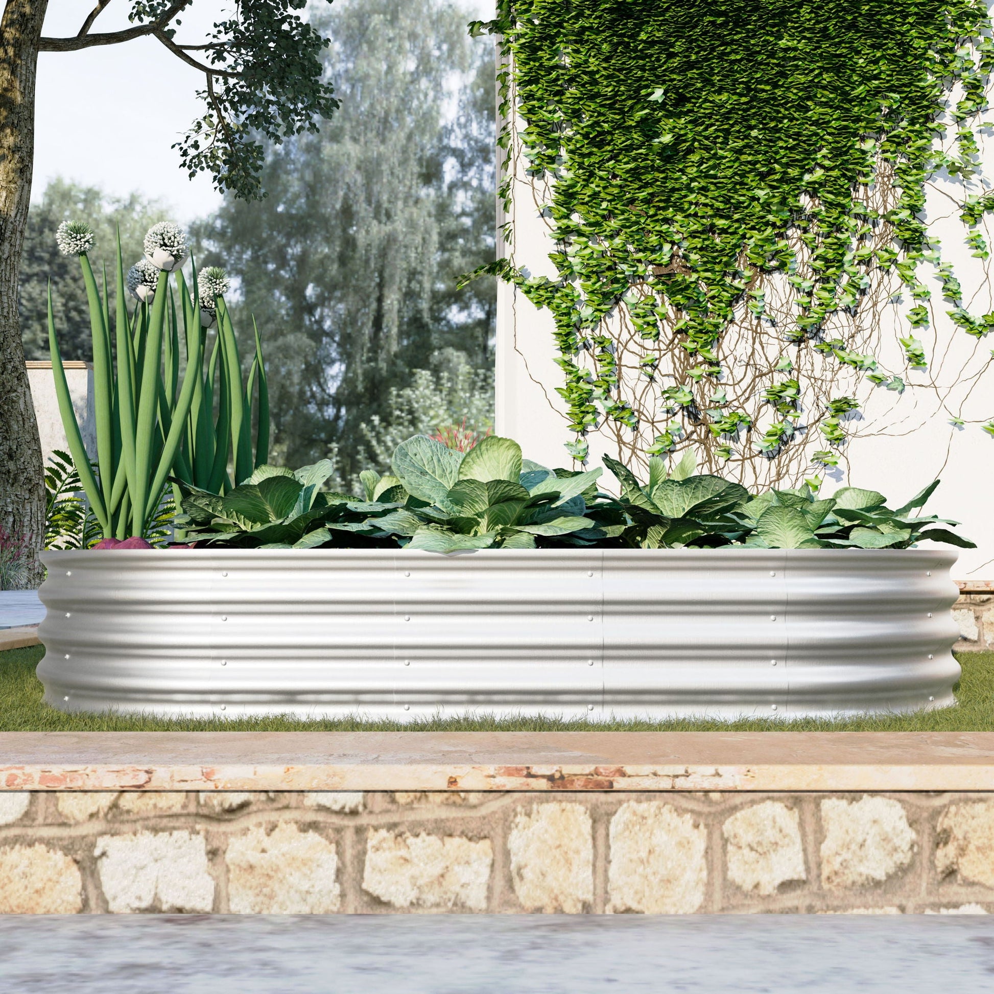 Galvanized raised garden bed kit for vegetables and herbs in a garden with ivy backdrop on Tampa Home & Garden Store