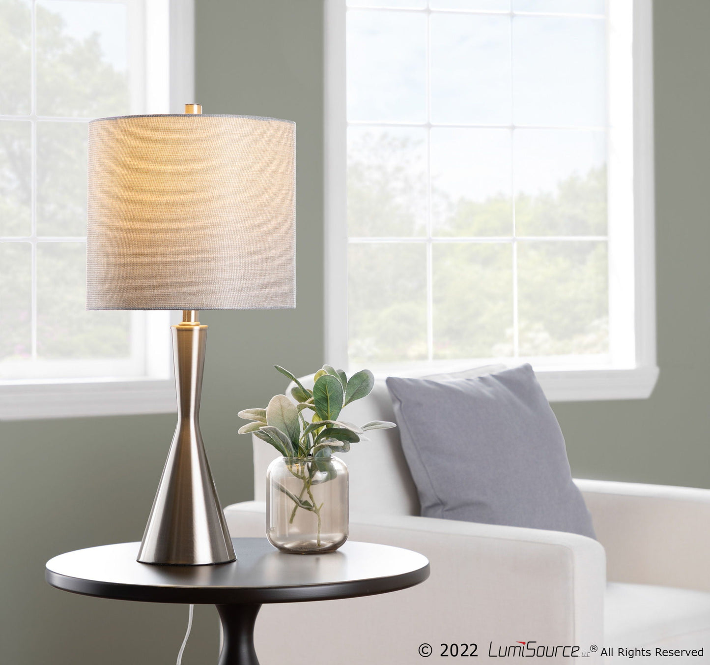 Gemma contemporary table lamp set of 2 with linen shade and bronze base on round table on Tampa Home & Garden Store