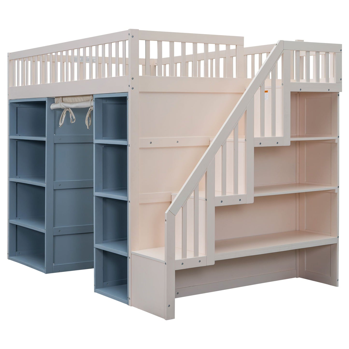Full-size loft bed with built-in staircase and white frame, with two blue storage cabinets on Tampa Home & Garden Store