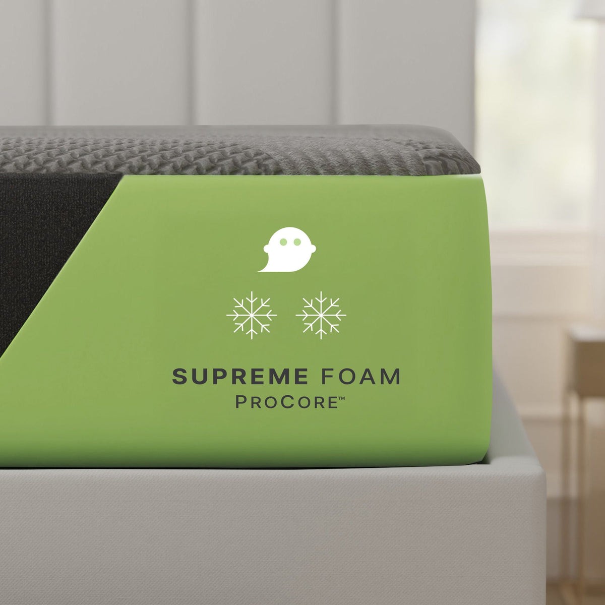 Supreme Foam Procore mattress box in lime green with white ghost logo and snowflake icons on Tampa Home & Garden Store