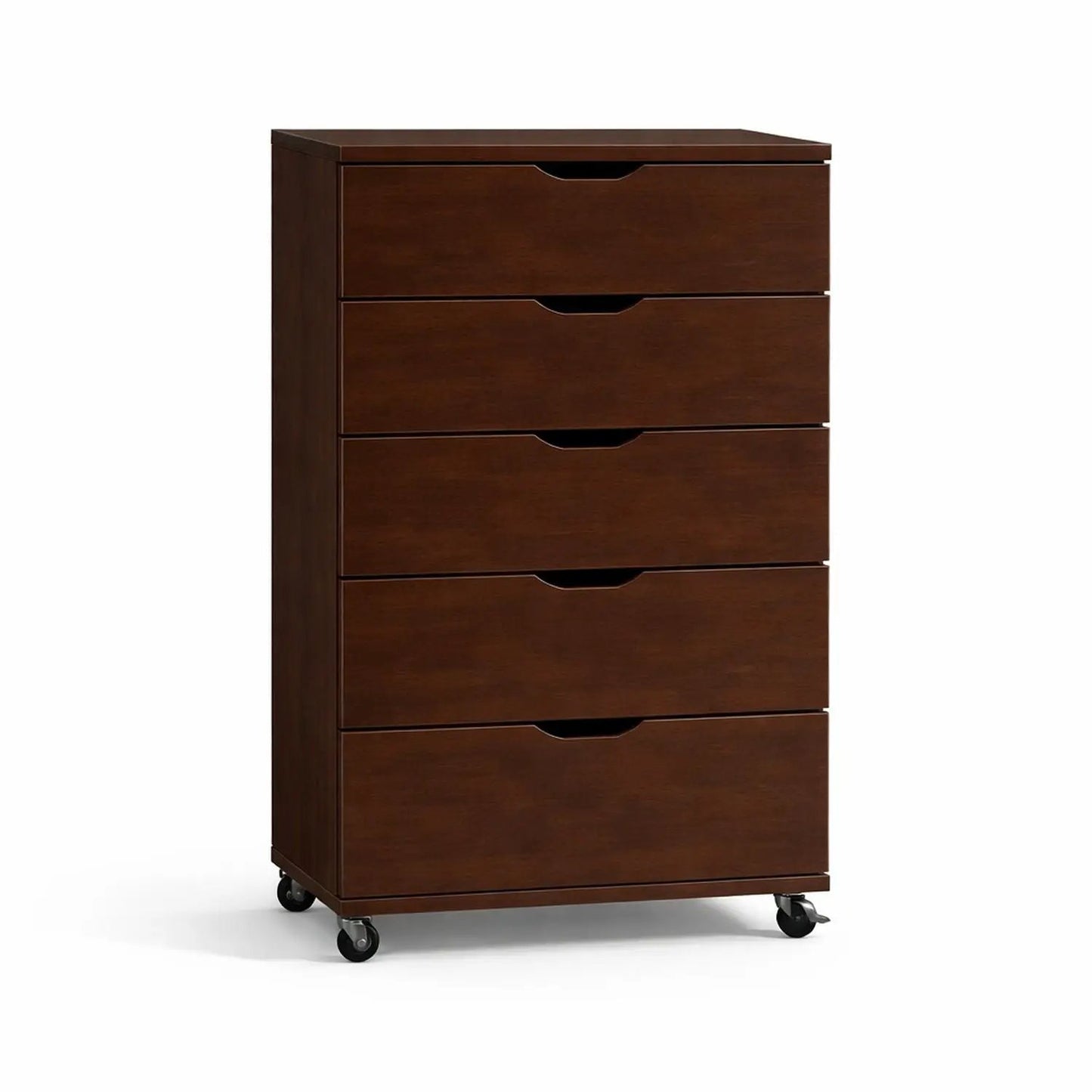 Modern 5 Drawer Dresser With Wheels in dark brown wood finish on Tampa Home & Garden Store