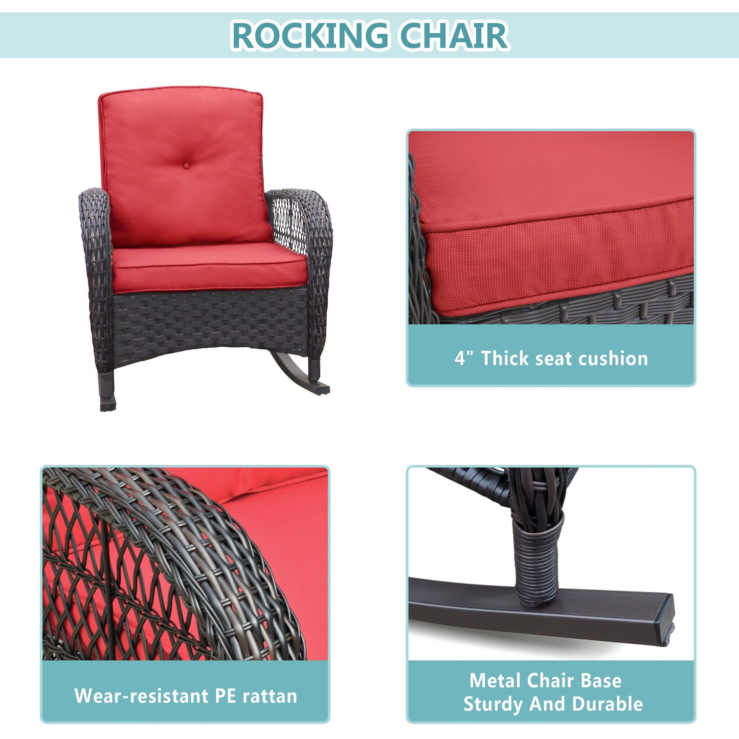 3 Pieces Outdoor Wicker Rocking Chair and Table