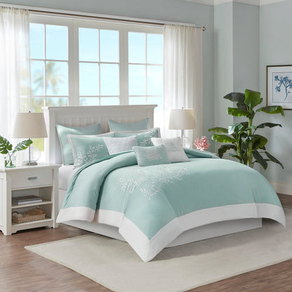 Aqua duvet cover mini set with white coral embroidery for king/cal king with matching pillows on Tampa Home & Garden Store