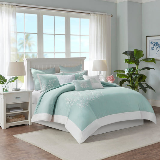 Aqua duvet cover mini set with white coral embroidery for king/cal king with matching pillows on Tampa Home & Garden Store