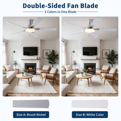 HouseOfZazla brushed nickel ceiling fan with LED light and remote dual-color blades two views on Tampa Home & Garden Store