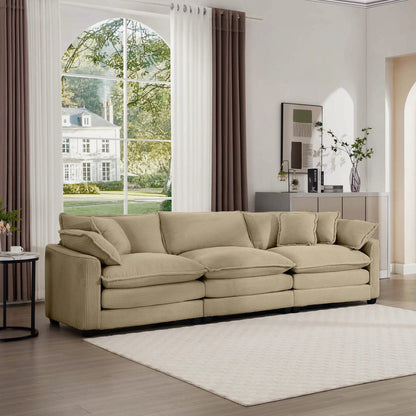 Mid-Century Modern 3-Seater sectional sofa in beige corduroy fabric with matching throw pillows on Tampa Home & Garden Store