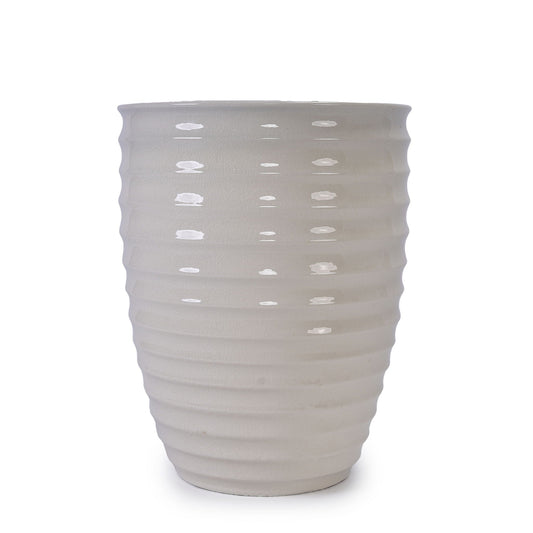Planter pot light gray ceramic with ribbed texture and white glaze patches for patio windowsill on Tampa Home & Garden Store