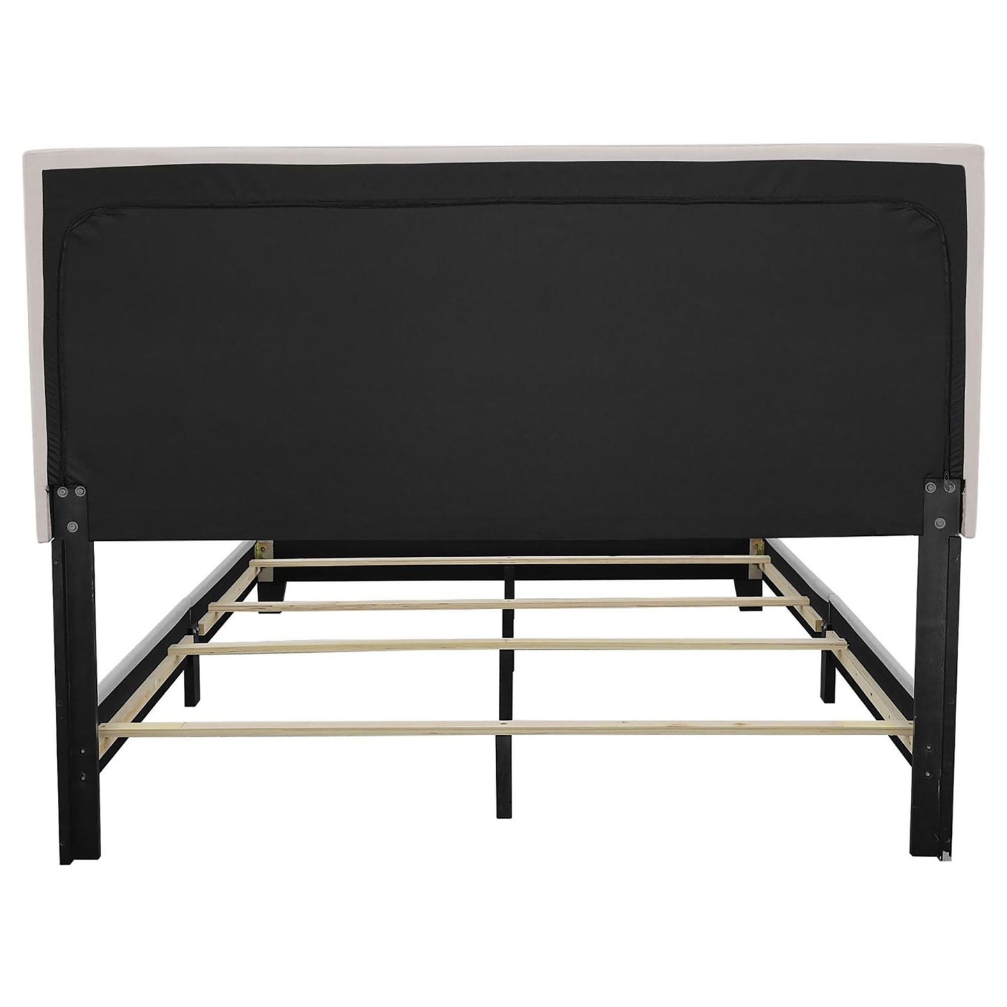 Ivory bed with nailhead trim, black upholstered headboard panel, platform bed frame on Tampa Home & Garden Store