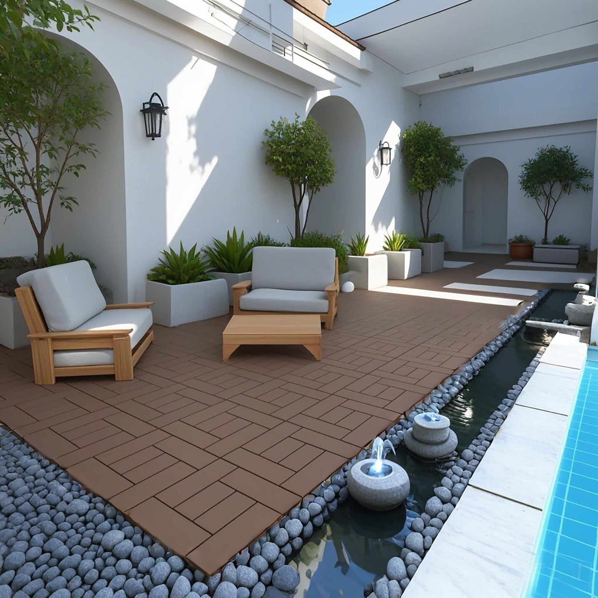 Interlocking brown deck tiles on a sunlit patio by a pool with white walls and greenery on Tampa Home & Garden Store