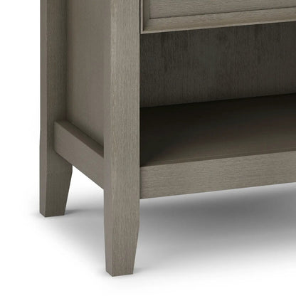 Amherst bedside table handcrafted in taupe wood with open lower shelf and tapered legs on Tampa Home & Garden Store