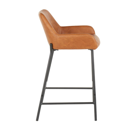 Industrial fixed-height counter stool in brown leather upholstery with black metal legs on Tampa Home & Garden Store
